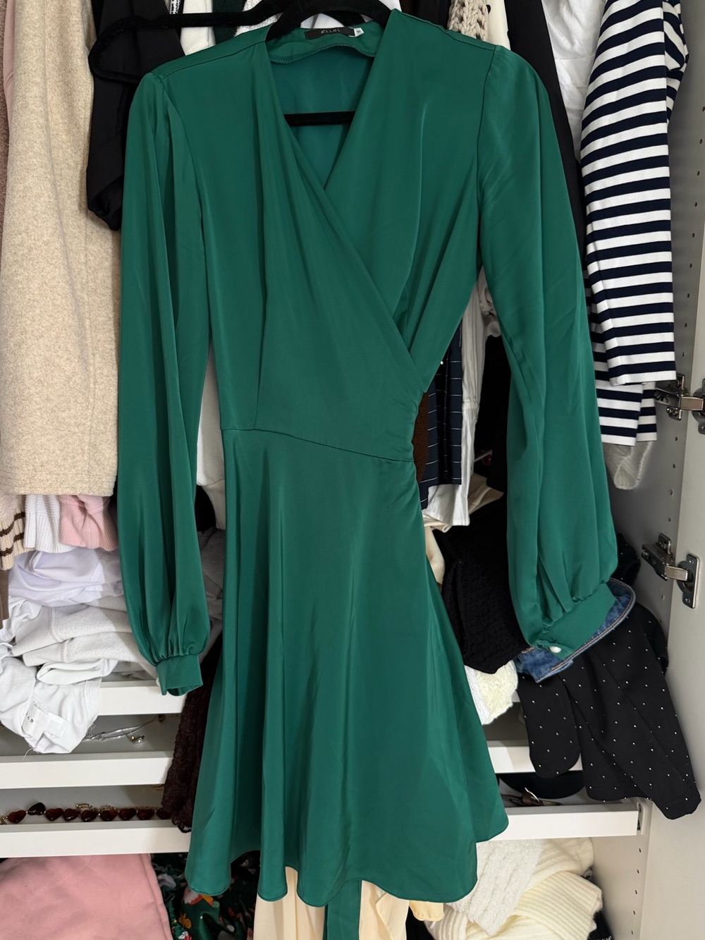 Elle Deep Green Long-Sleeve Surplice Dress